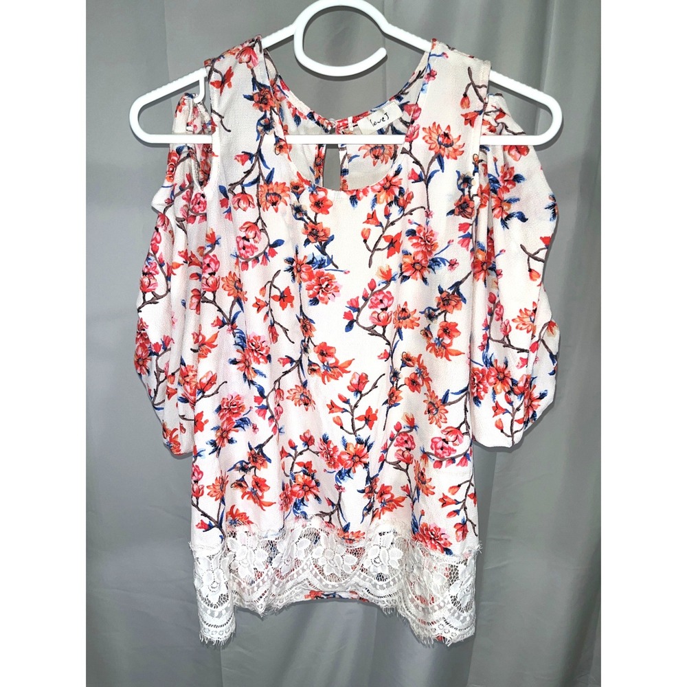 Love J Floral Cold Shoulder Blouse Lace Hem Boho Top XL Red Cream TA30431